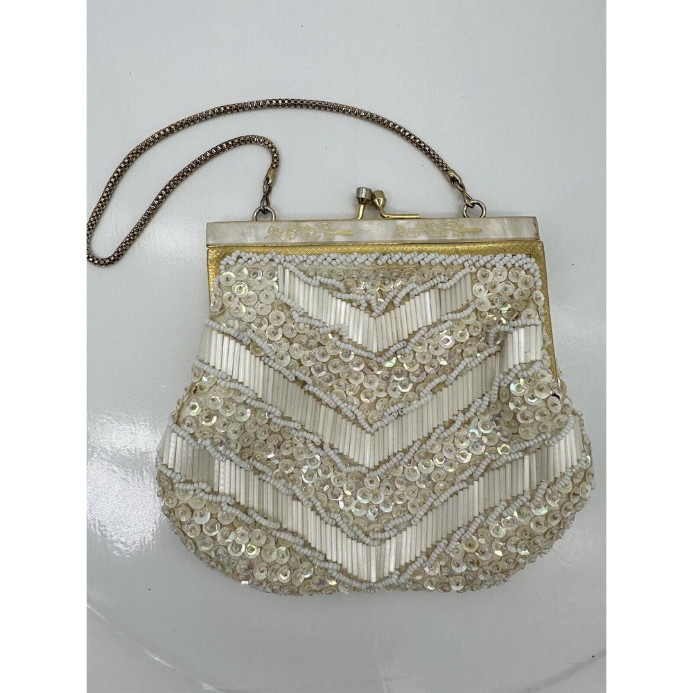 Vintage Ivory Beaded Evening Purse Wristlet Handmade Made in Hong Kong 7”x6”